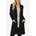 Womens Casual Solid Long Sleeve Open Front Tunic Loose Duster Cardigan with Pocket