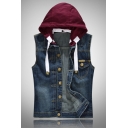 Mens New Fashionable Color Block Detachable Hood Single Breasted Blue Denim Casual Vest with Pocket