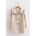 New Arrival Plain Sailor Collar Long Sleeve Double Breasted Tunic Woolen Coat with Big Pocket