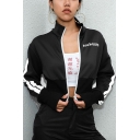 Fashionable ROCKMORE Letter Embroidery Printed Stripe Long Sleeve Zip Up Black Cropped Fitted Jacket