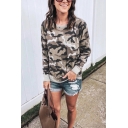Womens Simple Camouflage Pattern Long Sleeve Round Neck Casual Sweatshirt