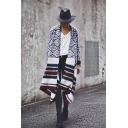 Womens Vintage Geometric Striped Pattern Open Front Knitted Cape Cardigan Shawl