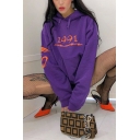 Creative Number and Letter Printed Long Sleeve Oversized Purple Drawstring Hoodie with Pocket