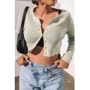 Ladies Fashionable Solid Round Neck Button Down Long Sleeve Cropped Cardigan Coat
