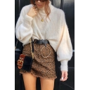 White High Collar Puff Sleeve Loose Fit Plush Thick Pullover Sweater