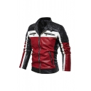 Mens New Stylish Colorblock Panel Zipper Embellished Long Sleeve Snap Button Stand Collar Zip Up PU Thick Moto Jacket