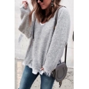 Womens Fashion V-Neck Long Sleeve Fringe Hem Loose Knit Pullover Sweater Top