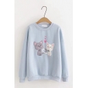 Womens Casual Lovely Heart Cats Printed Long Sleeve Loose Fit Pullover Sweatshirt