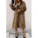 Popular Winter Leopard Printed Long Sleeve Hooded Longline Fuzzy Fleece Coat for Women