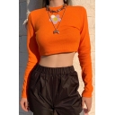 Girls Popular Orange Floral Printed Crew Neck Long Sleeve Slim Fit Leisure Cropped Sweater Top