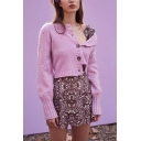 Womens Elegant Plain Pink Hollow-Out Long Sleeve Button Embellished Loose Fit Short Cardigan Coat