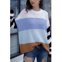Womens Casual Stripe Colorblock Long Sleeve Round Neck Loose Relaxed Pullover Knitted Sweater