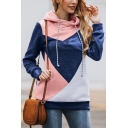 Womens Popular Colorblock Cut-and-Sew Long Sleeve Slim Fit Casual Drawstring Hoodie