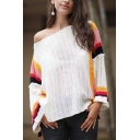 Womens Fashionable Scoop Neck Bell Sleeve Knitted Vertical Striped Baggy Thin Pullover Sweater