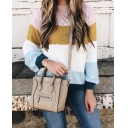 Womens Casual Color Blocked Crewneck Long Sleeve Striped Loose Pullover Sweater