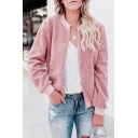 Stylish Pink Plain Stand Collar Long Sleeve Zipper Teddy Bear Jacket Coat