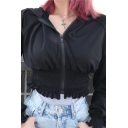 Lady Fashion Black Long Sleeve Stringy Selvedge Trim Zip Up Slim Fit Crop Jacket Coat