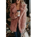 Womens Fashion Solid Color Notched Collar Long Sleeve Open Front Faux Fur Longline Warm Coat