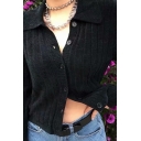 Womens Fashion Polo Collar Long Sleeve Button Down Cropped Cardigan Knitted Sweater