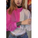 Stylish Rose Red and White Contrast Color Mesh Long Sleeve Zip Up Crop Sweatshirt