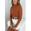 Womens Fashion Coffee High Neck Long-Sleeved Cropped Thin Pullover Sweater Top