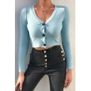 Light Blue V-Neck Long Sleeve Button Down Cropped Fitted Knit Cardigan Knitwear Top