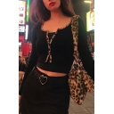 Womens Streetwear Long Sleeve Single Breasted Leopard Trim Black Casual Cropped Fitted Cardigan Top