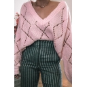 Pink Solid V Neck Long Sleeve Knitted Hollow Out Loose Relaxed Pullover Sweater