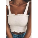 Womens Sexy Plain Stringy Selvedge Embellished Tie Strap Shirring Tank Top
