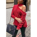 Plain Casual Cable Knit Cutout Shoulder Long Sleeve Regular Pullover Sweater