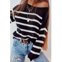 Womens Chic Black and White Stripe Printed Long Sleeve Boat Neck Pullover Sweater in Loose Fit