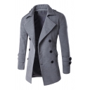 Mens Trendy Plain Notched Lapel Long Sleeve Double Breasted Split Back Longline Peacoat Overcoat