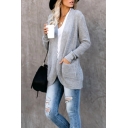 Womens Stylish Plain Grey Long Sleeve Open Front Knitwear Cocoon Cardigan Coat