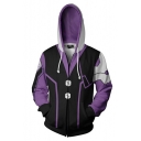 Mens Fashion Game Cosplay Long Sleeve Zip Up  Black and Purple Drawstring Hoodie