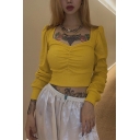 Womens Elegant Solid Color V-Neck Puff Sleeve Pleated Front Cropped Top Knitwear Pullover Sweater