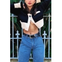Womens Fashion Color Block Long Sleeve One Button Fitted Navy & Beige Cropped Cardigan Coat