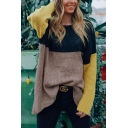 Womens Fashion Color Block Long Sleeve Round Neck Oversized Boucle-Knit Pullover Sweater