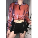 Fashionable Stand Collar Half Zip Drawstring Hem Plain Metallic Cropped Sweatshirt