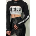 Reflective Letter KL ALIEN Printed Stripe Sleeve Black Drawstring Crop Hooded Hoodie