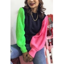 Womens Fashionable Color Block Lantern Sleeve Mock Neck Casual Knit Pullover Sweater
