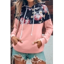 Womens Stylish Flower Pattern Patch Long Sleeve Kangaroo Pocket Drawstring Hoodie in Pink