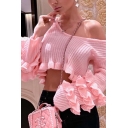 Womens Unique Pink Round Neck Ruffle Detail Long Sleeve Crop Pullover Sweater