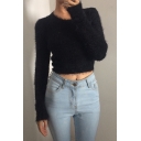 Womens Simple Round Neck Long Sleeve Cropped Fluffy Knit Slim Fit Plain Pullover Sweater Top
