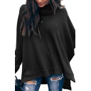 Womens Trendy Solid Color High Collar Split Side Dipped Hem Waffle Knit Poncho Sweater