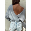 Womens Sexy Fashion V-Back Long Sleeve Loose Fit Two Ways Wrap Sweater Top