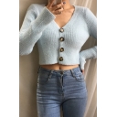 Womens Stylish Solid Color Long Sleeve Button Down Slim Fit Cropped Knitwear Cardigan Coat