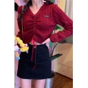 Womens Popular V-Neck Long Sleeve Drawstring Front Plain Short Cable Knit Pullover Sweater