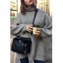 Womens Loose Plain Gray Long Sleeve Turtleneck Longline Knitwear Pullover Sweater Dress