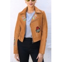 Womens Chic Floral Embroidery Printed Notched Lapel Long Sleeve Oblique Zip Short PU Motor Jacket