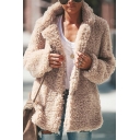 Womens Stylish Long Sleeve Notched Lapel Open Front Plain Loose Teddy Coat